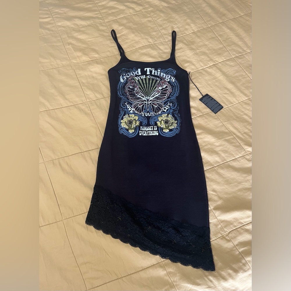 Forever 21 Black Graphic Slip Mini Dress with Lace Trim